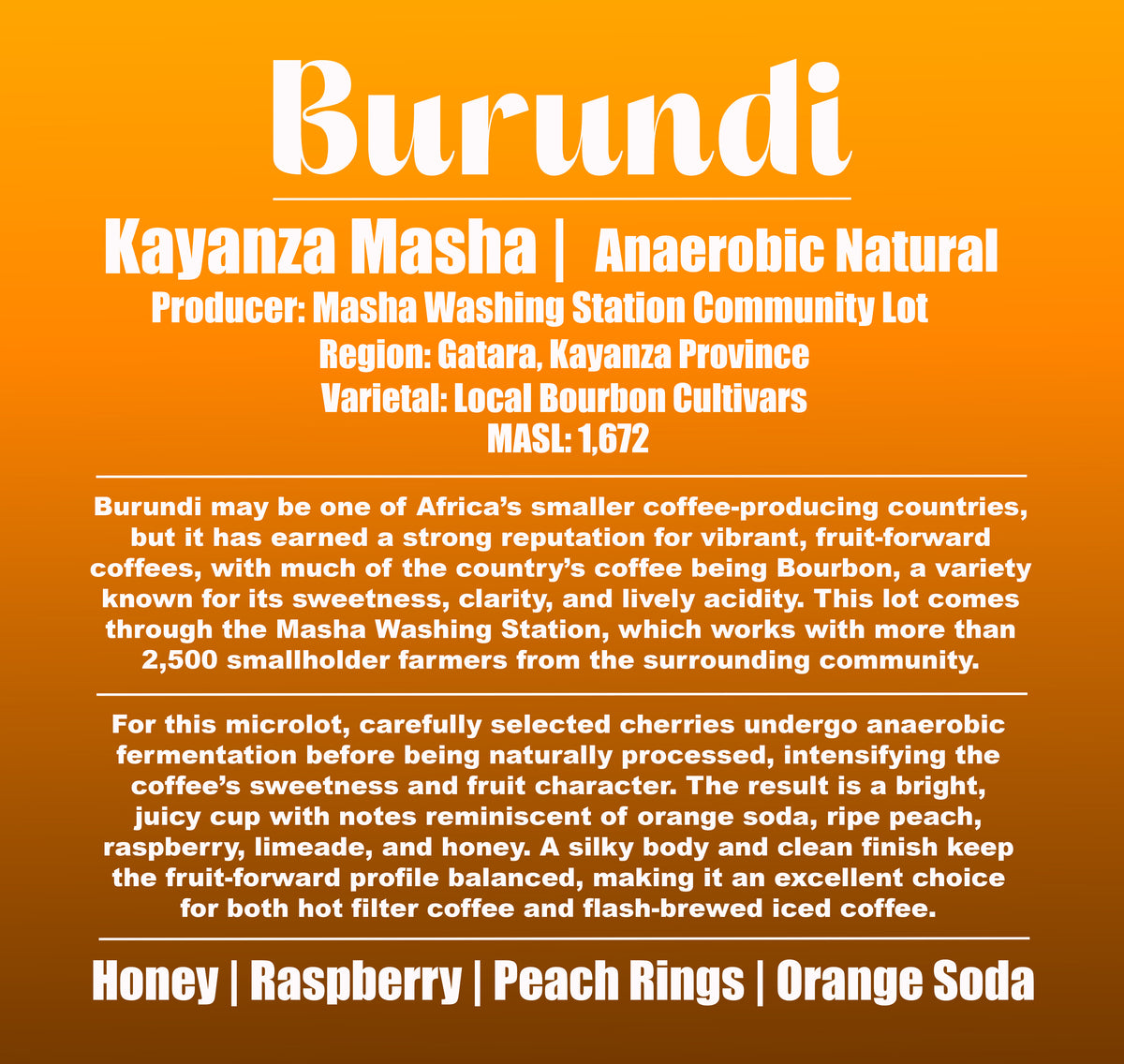 Burundi - Gatara, Kayanza - Masha Community Lot - Bourbon - Anaerobic Natural