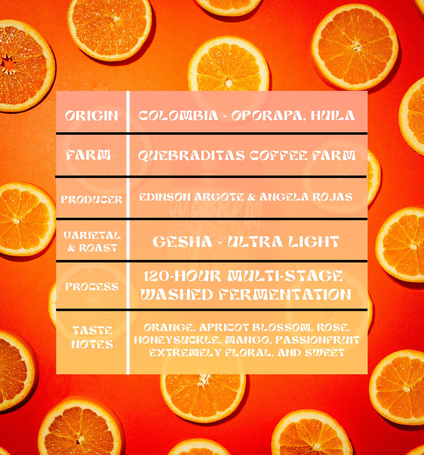 *Limited 66* Colombia - Oporapa, Huila - Quebraditas - Edinson Argote & Angela Rojas - Gesha - 120 Multi-Stage Washed Fermentation